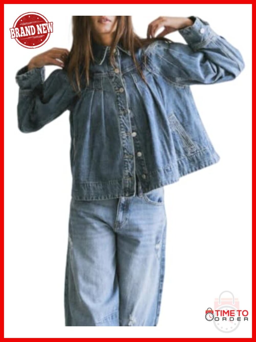 Women Cropped Denim Jacket Pleated Button Down Long Sleeve Fall Jean Jacket